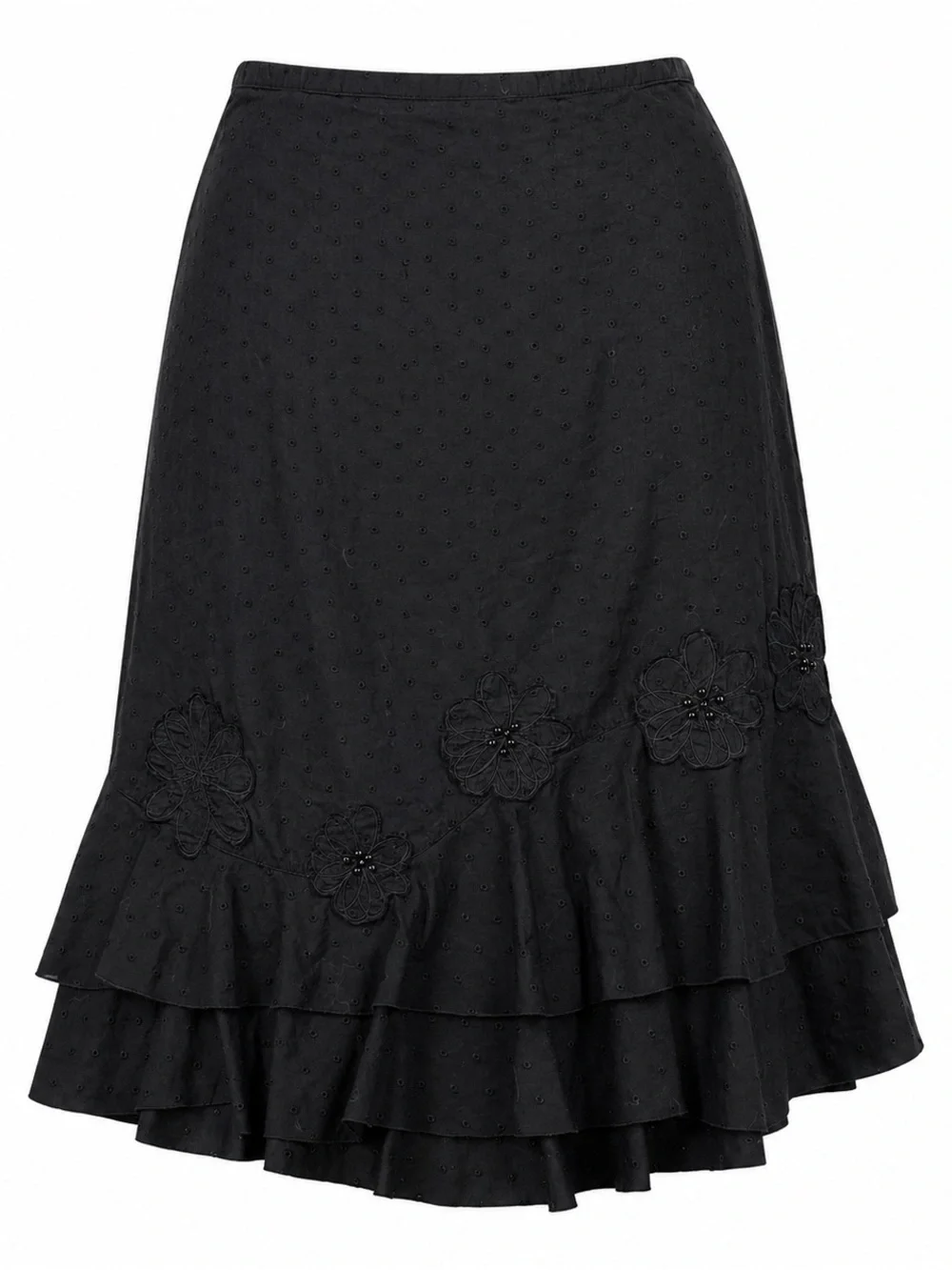 Koret Black A-Line Skirt with Floral Appliqués and Tiered Ruffle Hem